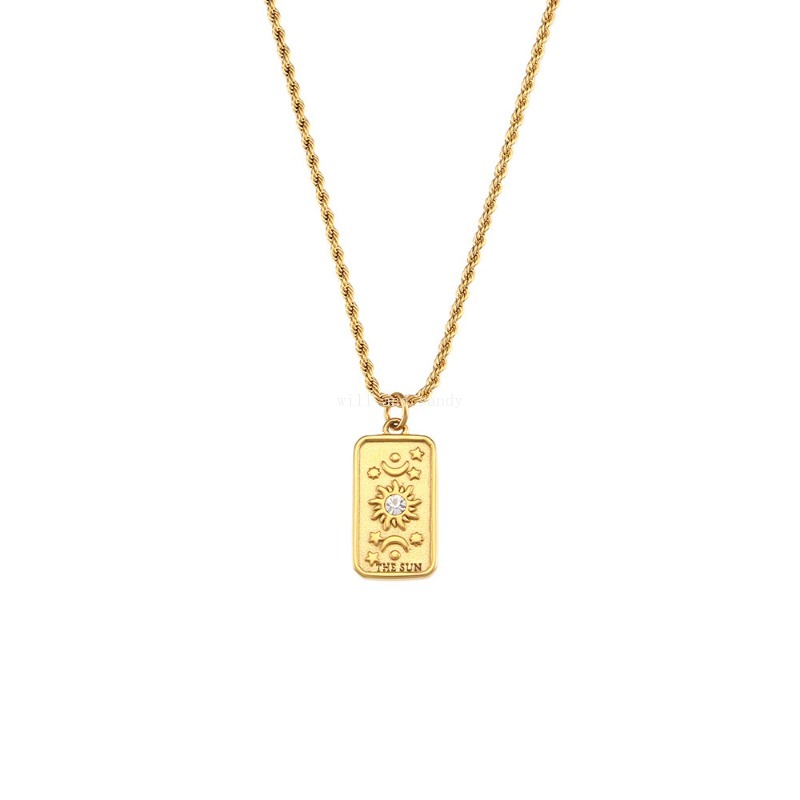 Non Tarnish Stainless Steel Square Tarot Card Pendant Necklace 18k Gold Chain Charm Sun Moon Crown Necklaces Women Girls Fashion Fine Jewelry