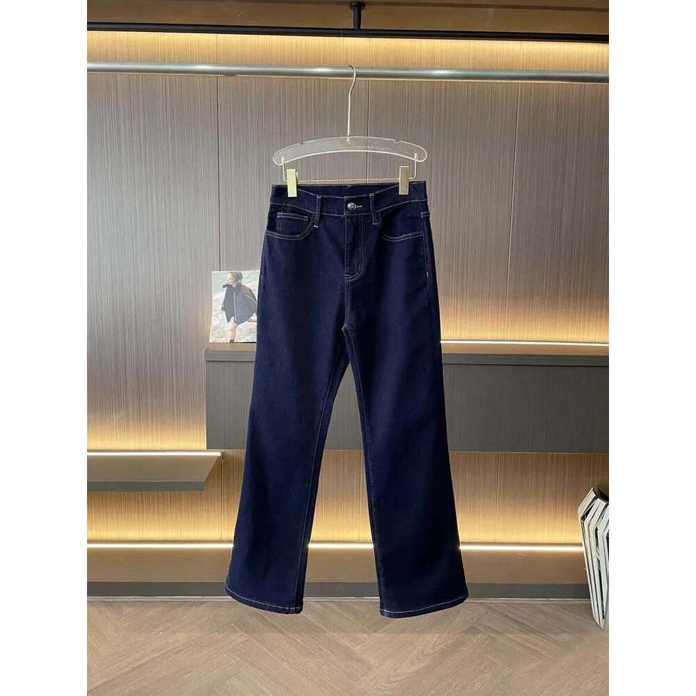 Women's Thick Fleece Flared Jeans Warm Pocket Beading Chain Female High Waist Denim Long Pants Autumn Winter 2025
