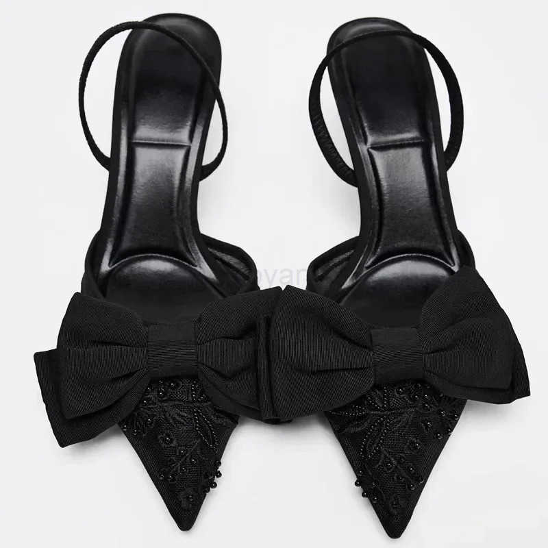 Brand Designer Thin High H Wen Bow String Bead Pointed Slingback Mes Pumps Mesh Embroider Elegant Dress Sandals Fem Z250304