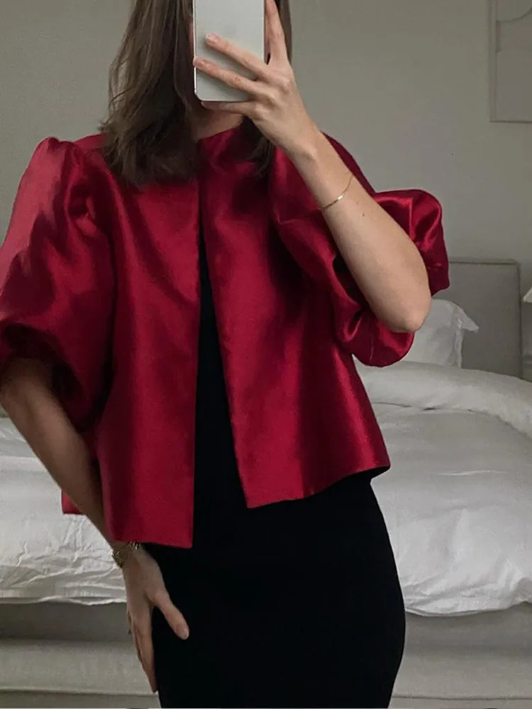 Solid Satin Womens Blouse Top With Pouf Balloon Sleeve Spring Summer Female Sleeves O Neck Loose Short Shirt Female Blouses 250303