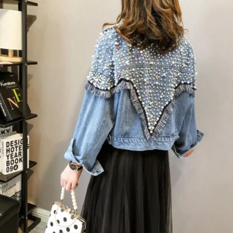 Women Spring Autumn Streetwear Denim Jacket Handstudded Pearls Punk Tassel Vests Femme Loose Short Jeans Coats 250303