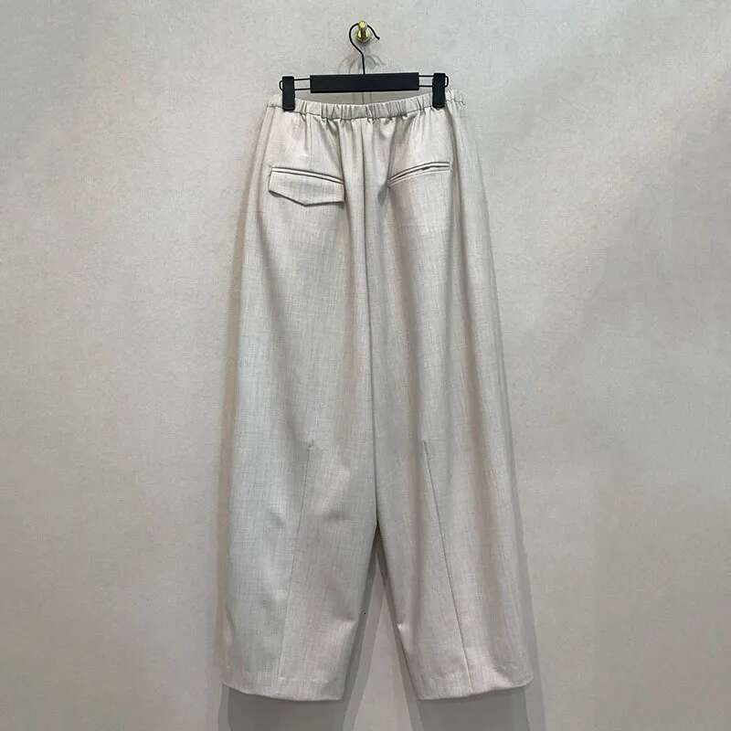 Fashion Light Beige Silhouette Trousers Women's Elastic High Waist Loose Straight Wide Leg Casual Pants New Tide