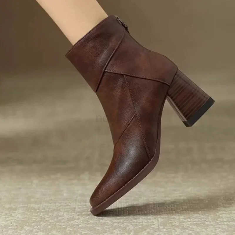 2025 New Boots Wen Shoes Chunky Ankle Goth Mid H Brand Winter Fion Pointed Toe Boots Motorcycle Botas Femme Z250304