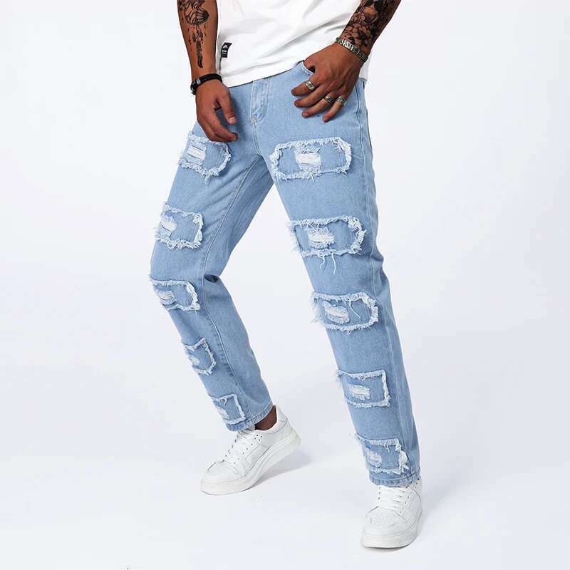 American High Street Broken Hole Jeans Slim Small Leg Summer Thin Section Light Blue Casual Elastic Pants Men