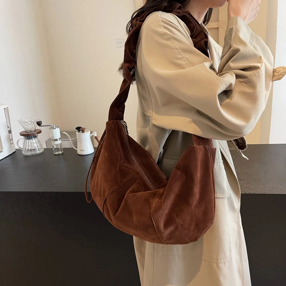 Ship from US Women Fashion Concise Texture Suede Velvet Soft Handbag Vintage Large Capacity Tote Hobos Bag ShoulderBag Daily Office 250304FBB