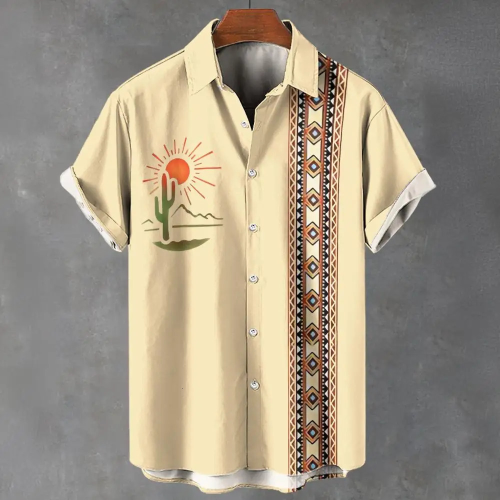 Retro mens shirt ethnic pattern printed short sleeved T-shirt lapel shirt summer fashion casual streetwear mens oversized clothing 250227