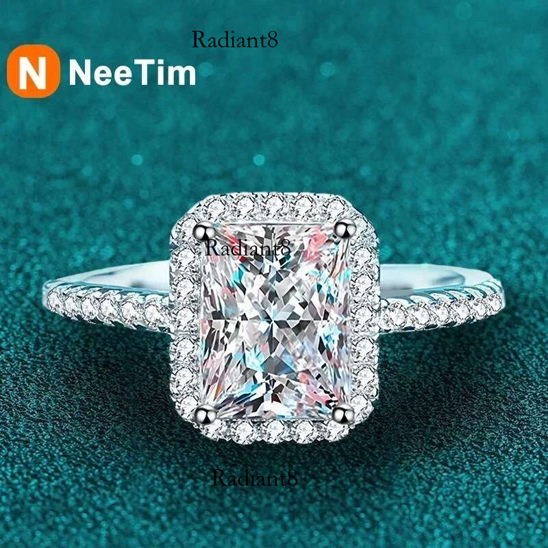 NeeTim 2 Moissanite Ring for Women Emerald Radiant Cut Dia Sterg Sier with Gold Plated Wedding Bridal Band