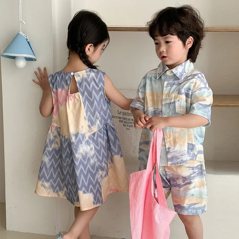 Brother And Sister Clothes Summer Baby Boys Shirt Suit Beach Holiday Clothes Or Girl Vest Dress 250304
