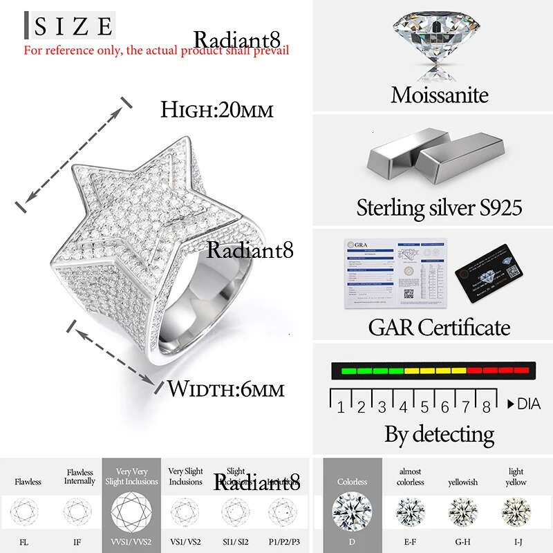 Fine VVS1 With Certificate Star For Men Sterg Sier Moissanite Rings Hip Hop Jewelry
