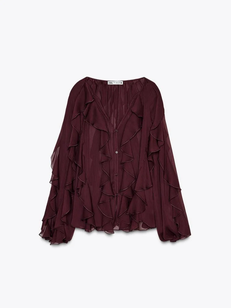 Fashion Burgundy V Neck Layer Ruffles Shirts Women Elegant Full Sleeve Loose Blouse Spring Lady Commuting Office Outfit 250228