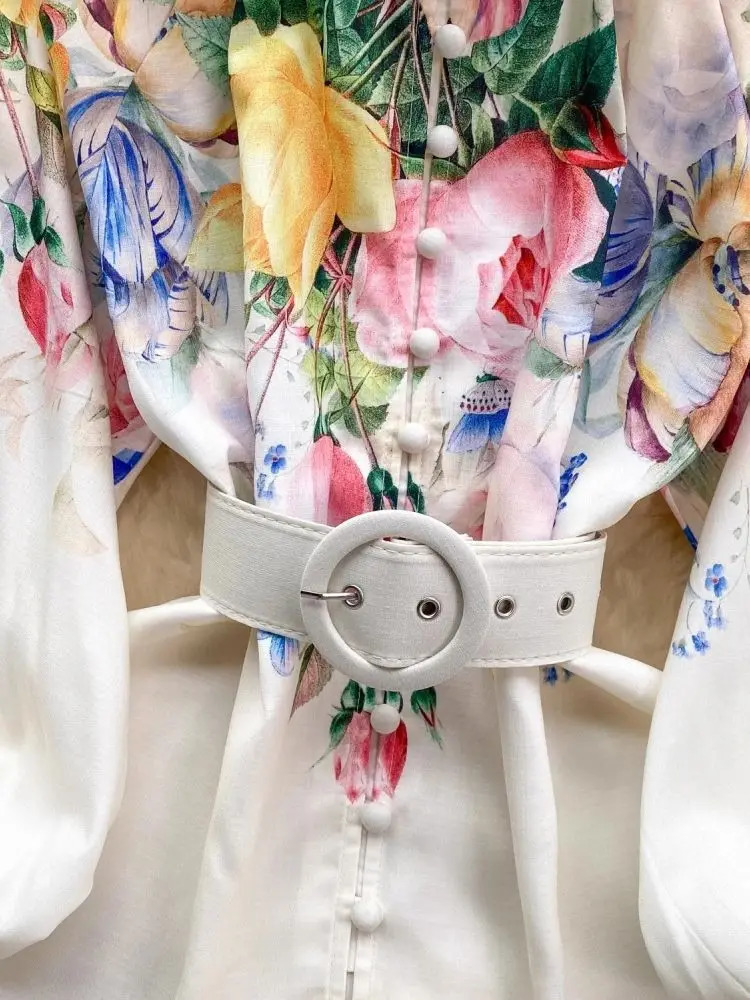 Summer Holiday Tulip Floral 2 Pieces Set Womens Linen Stand Lantern Sleeve Belt Shirt Top Flower Print Wide Leg Shorts Suits 250304