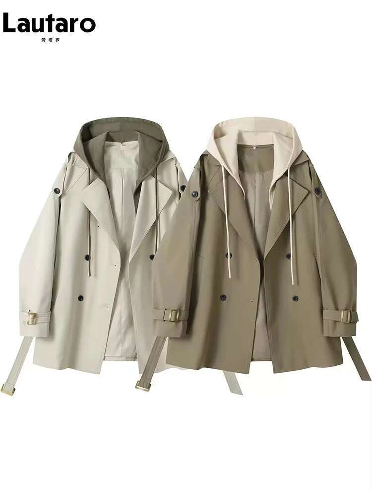 Lautaro Spring Autumn Wy Casual Trench Coat For Women Belt Double Breasted Loose Designer Fake 2 Pieces Clothes 2024