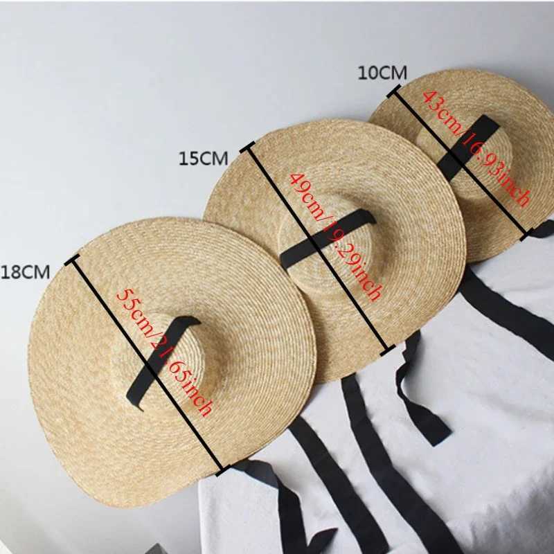 Summer New Big Natural Wheat Str Hats Womens Big Brim Flat Top Visor Sun Hats Fashion Handmade Ribbon Lace-Up Beach HatXJ250304