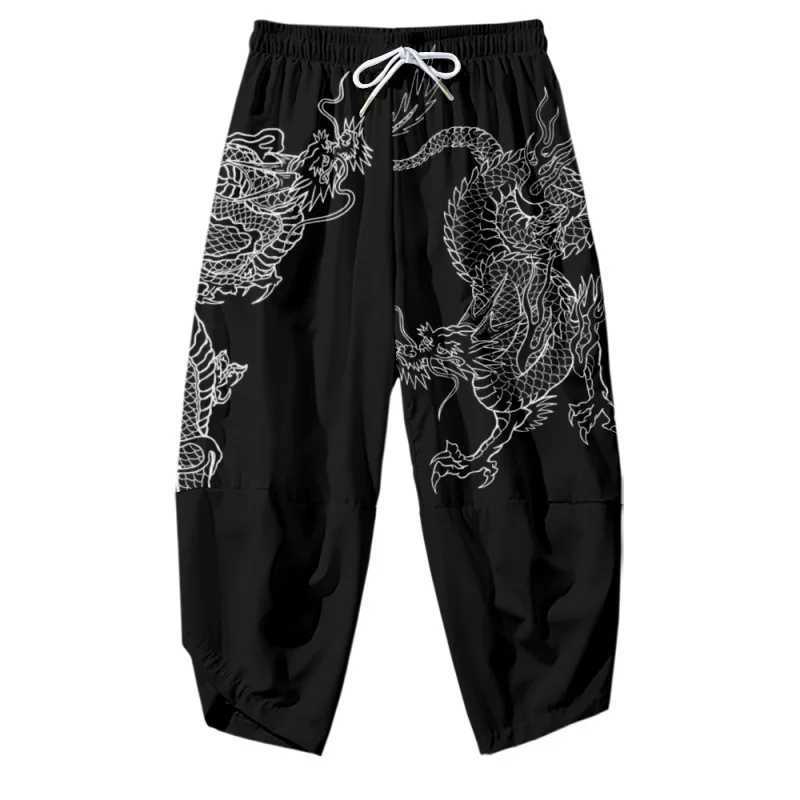 Cartoon Chinese Dragon Printed Black Men Japanese Harem Trousers Casual Elastic Waist Kimono Cropped Pants StreetwearXJ250303