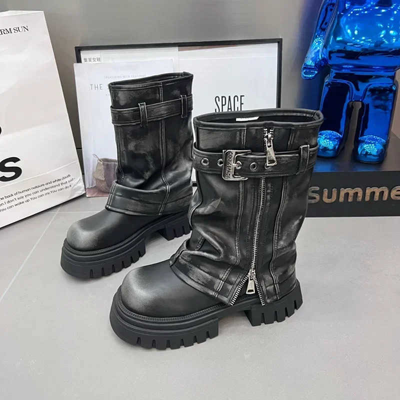 Winter Wen Biker Boots Fion Belt Buckle Ladies Elegant Platform Flats Mid Calf Booties Casual Wens Knight Booties Z250304