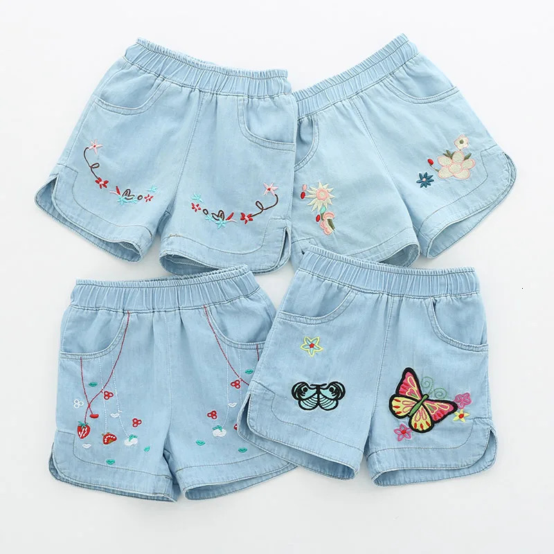 Summer Casual 2 3 4 6 8 10 12Years Children Embroidery Flower Cotton Pocket Denim Blue Shorts For Small Baby Kids Girls 250304