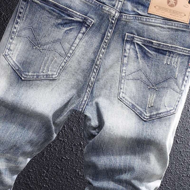 Newly Designer Fashion Retro Gray Blue Elastic Slim Fit Ripped Jeans Men Casual Trousers Vintage Denim Pants Hombre