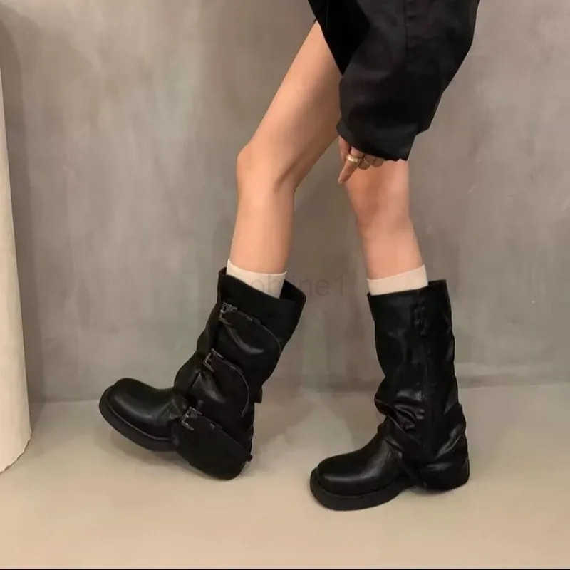 Round Toe Belt Buckle Wen Boots Fion Flat Sole Mid Calf Autumn Niche Design Patent Leather Soid Wen Shoes New Arrivals Z250304