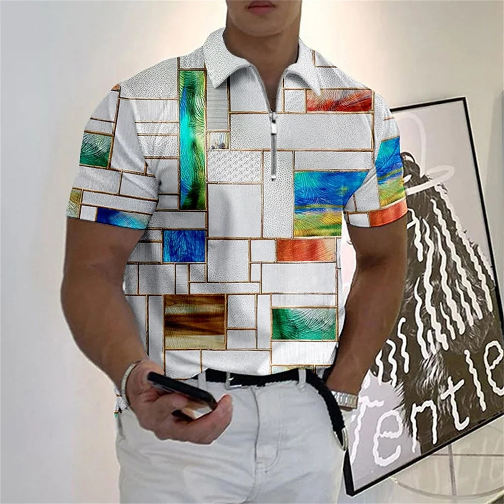 MenS Polo Shirt Plaid Print Zip Polo T-Shirt Summer Short Sleeve Daily Casual Golf Shirt High Quality Tops Fashion Men Clothing 250304