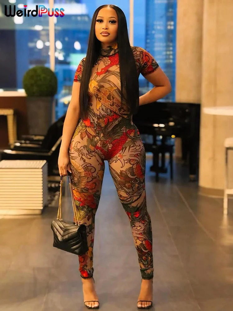Weird Puss See Through Jumpsuit Women Backless Dragon Print Short Sleeve Fitness Activity Workout Overalls Slim Stretch Clubwear 250303