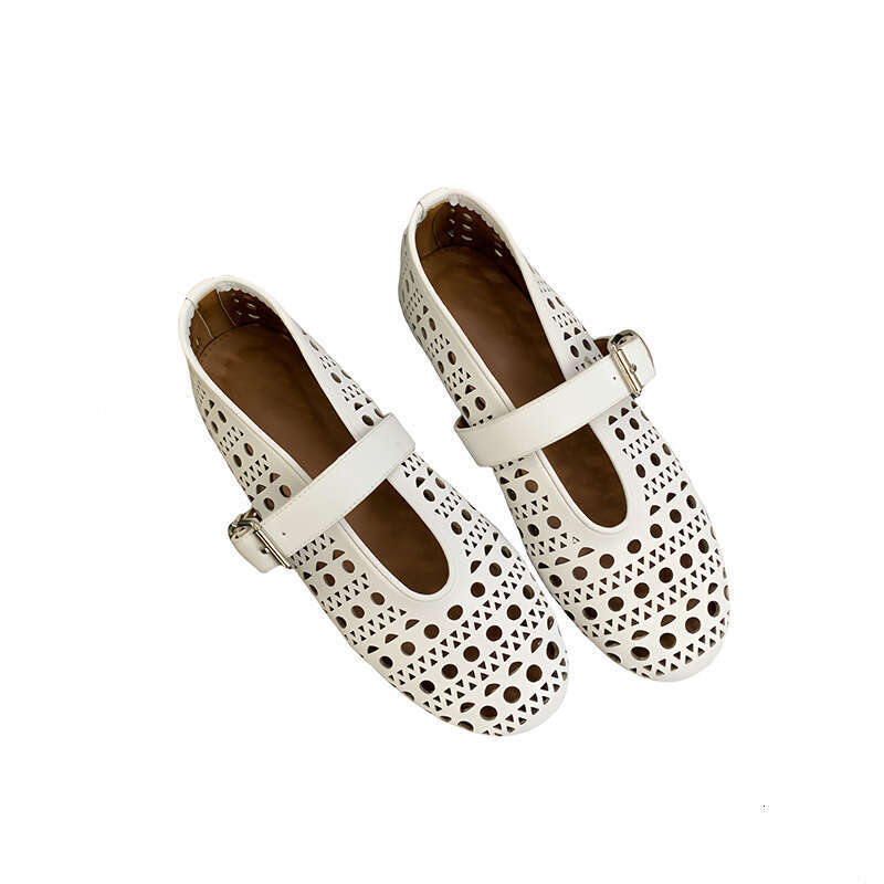2024 Spring and Autumn New Fashionable Versatile Ballet Hollow Breathable Small Leather Shoes for Women Round Headed Shallow Mouth Flat Bottom Jumping