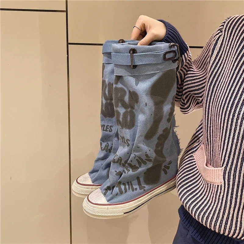 Wens Spring Graffiti High Canvas Boots Round Middle Follow Anti-slip Boots Wen Leisure Fion Rubber Sole Botas Mujer Z250304