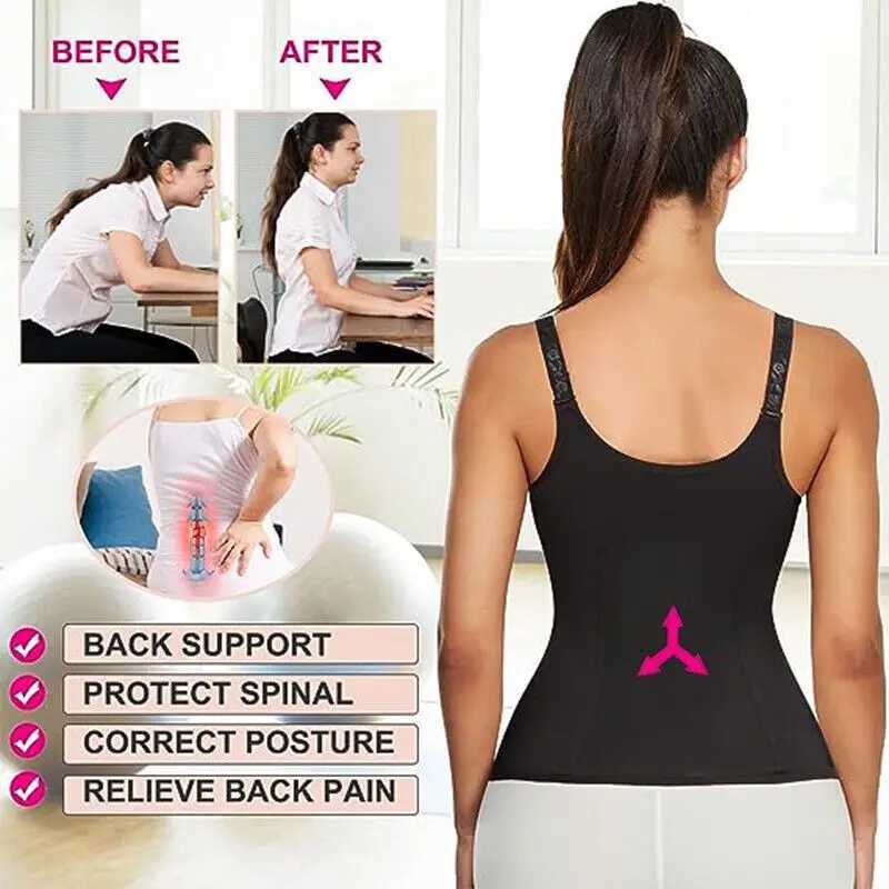 Womens Waist Trainer Sauna Sweat Vest Corset Body Shaper Neoprene Shapewear Gym Workout Tank Top Black Slimming Top with ZipperXJ250304