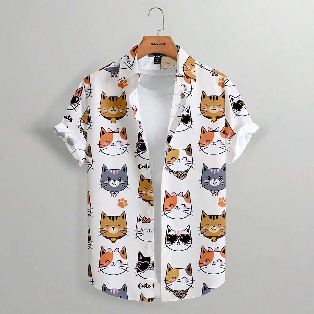 2025 Fun Cartoon Cat Printed Button Casual Street Designer Collar Shirt Top Fashionable Men's Breathable And Comfortable Short Sleeve Shirt Cloth