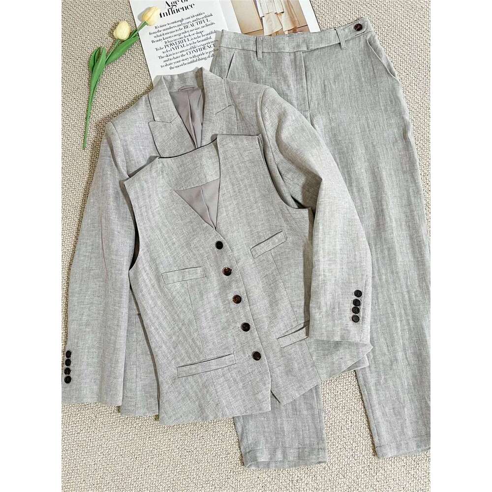 100% En Herringbone Pattern Set Women Double Breasted Sleeve Blazer Vest Or Long Pants Female Suit