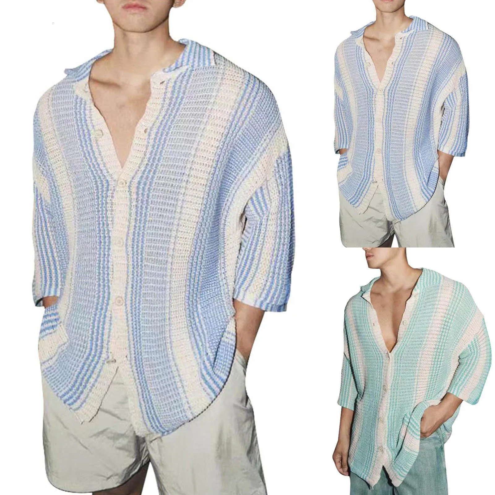 Summer Clothing MenS Hollow Out Knitted Short Sleeve Polo Shirt Leisure Striped Button-Down Shirts Breathable Knitwear 250304