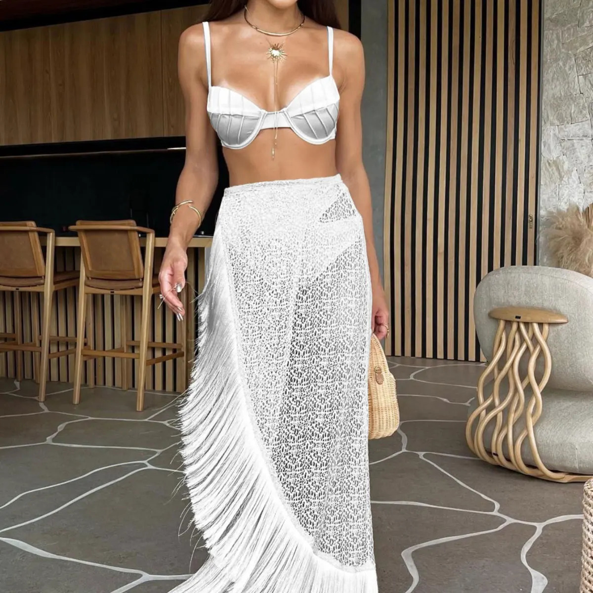 2024 Cover Up Skirt Beach Women Geometry Printed Twopiece Elegant And Pretty Dress Shoulder Strappy Bathing Suit Beachwear 250226Z