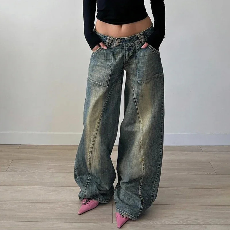 Baggy Distressed Jeans 90s y2kStreetwear Low Rise Vintage Loose Denim Pants Patchwork Mom Jeans Autumn Harajuku Clothing 250228