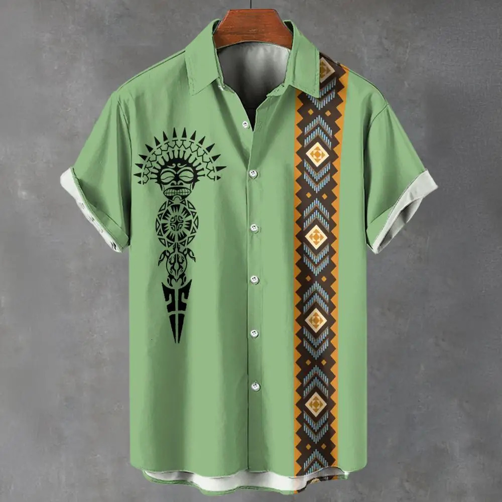 Retro mens shirt ethnic pattern printed short sleeved T-shirt lapel shirt summer fashion casual streetwear mens oversized clothing 250227