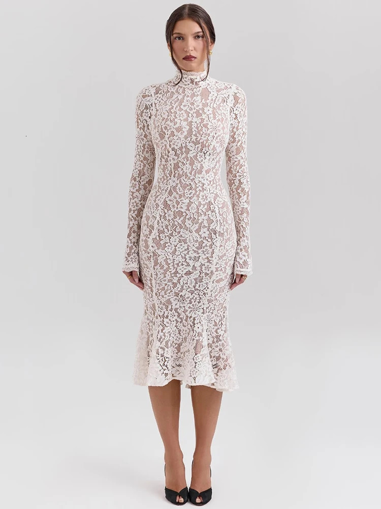 Elegant Lace Bodycon Midi Dress, Long Sleeve Party for Women, Half High Collar Sexy Club Dress C260312