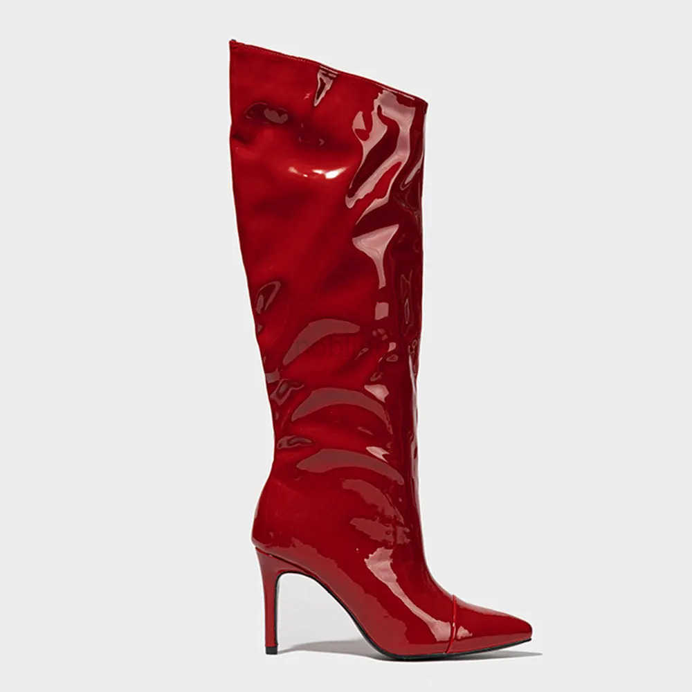 2025 In Stock for Dropship Black Red White Wide Leg Knee High Boots Wen 2024 Big Size 42 Pointy Toe Sexy Thin High H Shoes Z250304