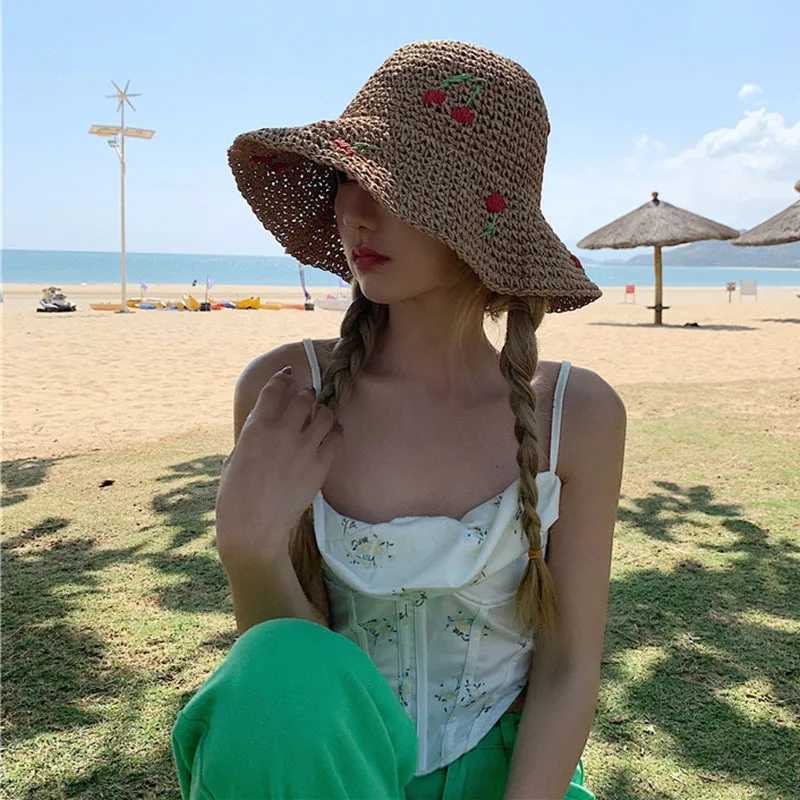 Summer Women Sun Hat Wide Brim Beach Str Hand Crochet Cherry Hat for Women Girl Outdoor Fishing Sun HatsXJ250304