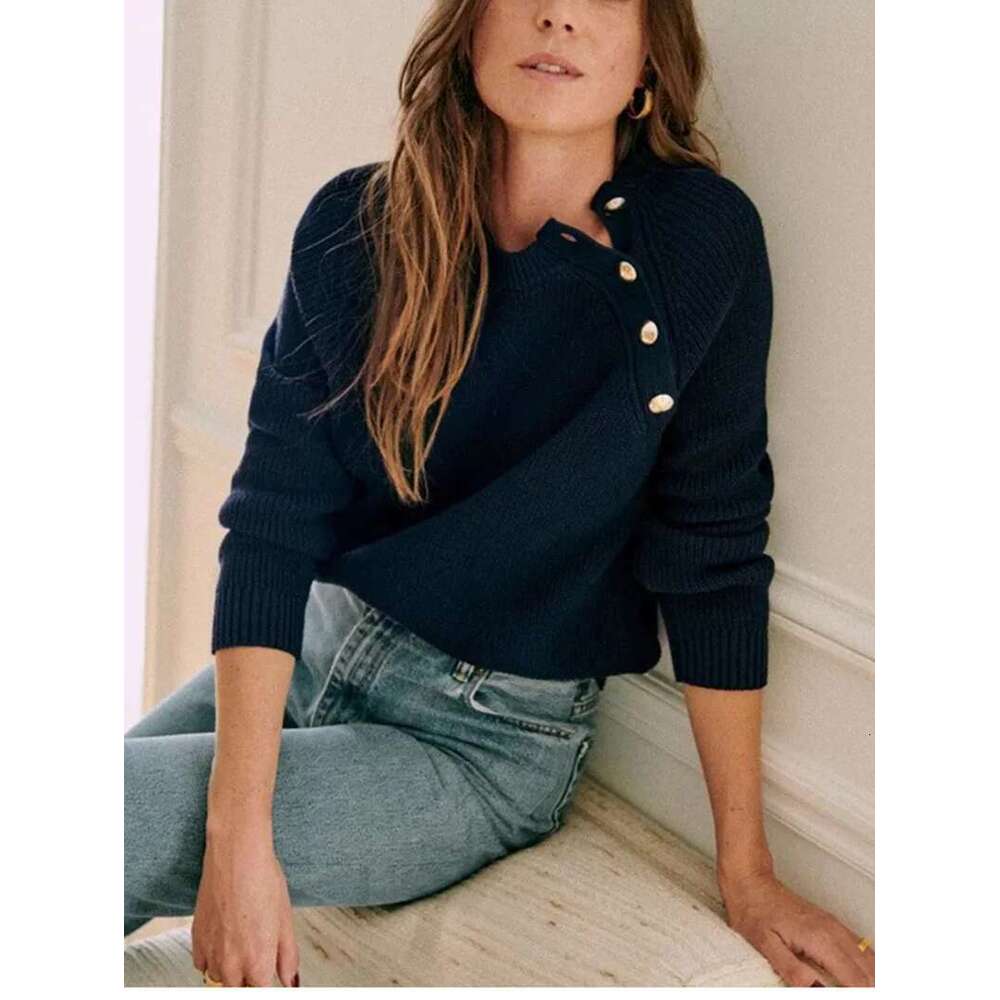Autumn Winter Ladies Striped Sweater New Women's Half Turtleneck Loose Pullover Knit Tops All-Match With Oblique Buttons