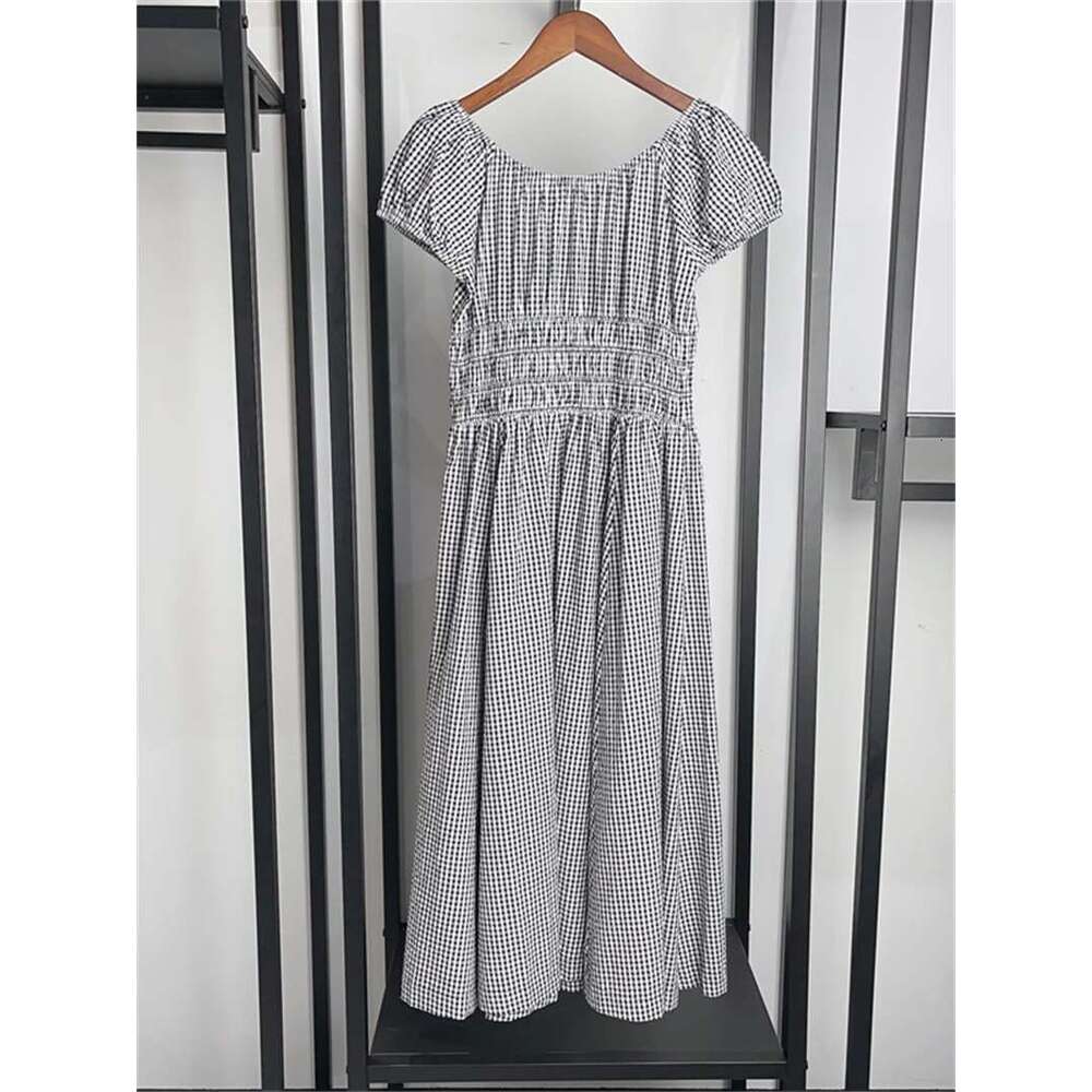Women's Elastic Waist Short Sleeve Or O-Neck Dress Vintage Plaid Sleeveless Ladies Square Neck Fashion Midi Robe 2025 Summer