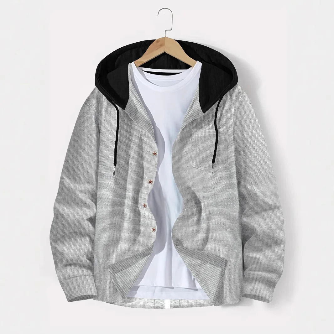 Spring and autumn Waffle mens casual slimfit hooded longsleeved cardigan matching color fashion high quality tracksuit pa 250227