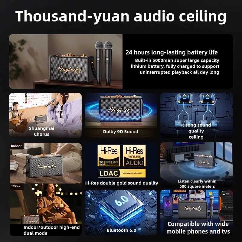 Kinglucky S16 Audio Speaker Wireless Big Powerful Sound with 1-2 Wireless Microphones Home Family Singing Childrens Z250304