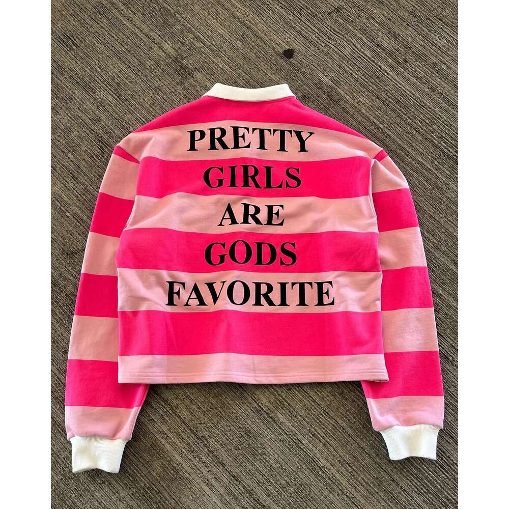 Hip Hop Stripe Pretty Girls America Haruku Fashion Letter Print Polo Shirts Y2k Retro Men Women Long Sleeved T Shirt
