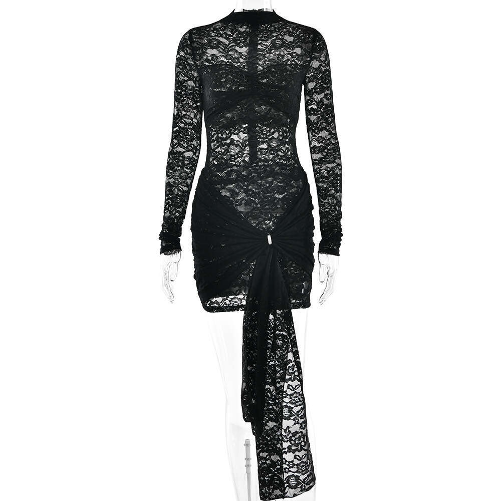 Sexy slim lace women's dress new long sleeved perspective spicy girl tight fitting pleated wrap hip skirt
