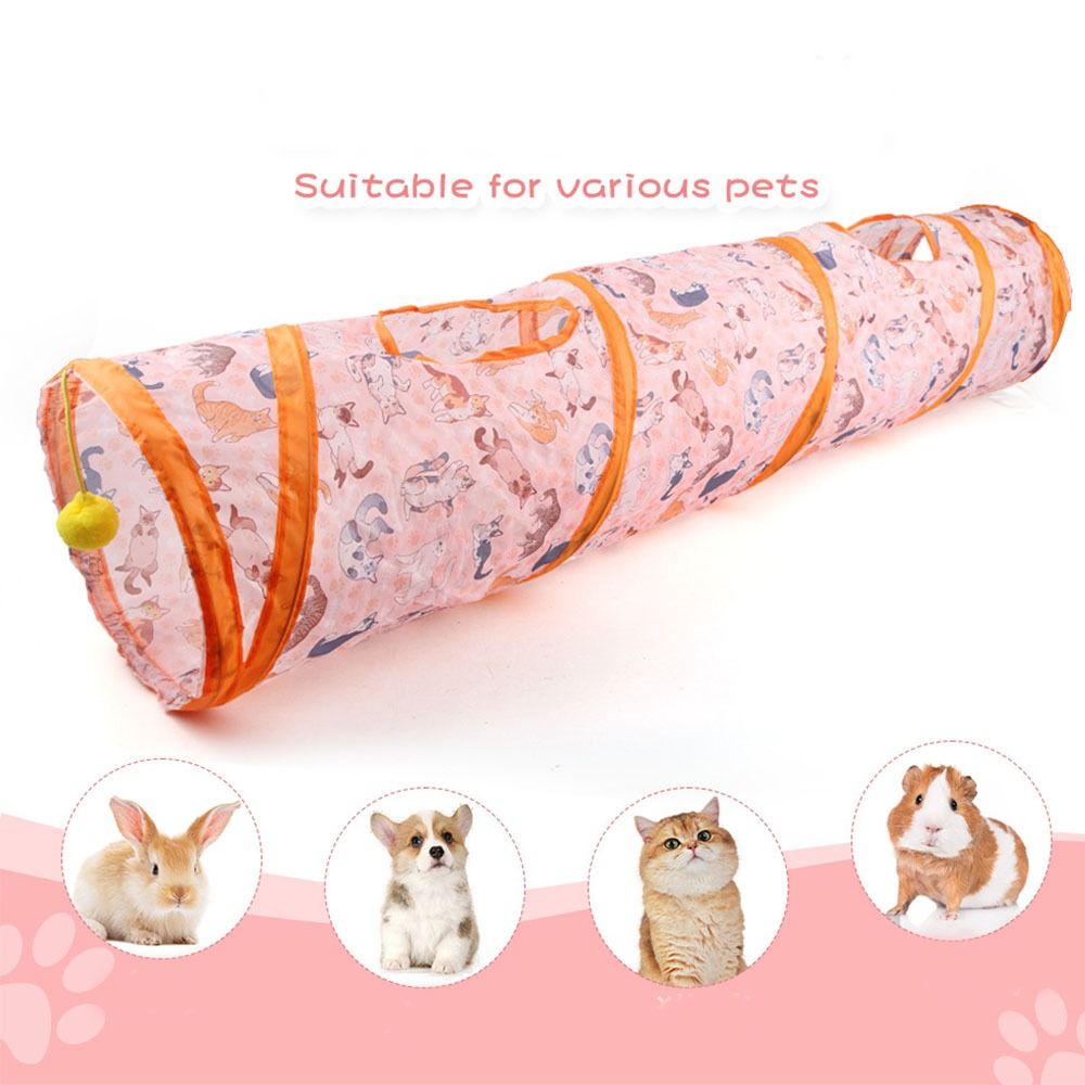 Creative Printed Cat Play Tunnel Long Straight Channel Foldable Cat Tent Nest with Furry Ball Square Channel Cat Channel Cat Toy