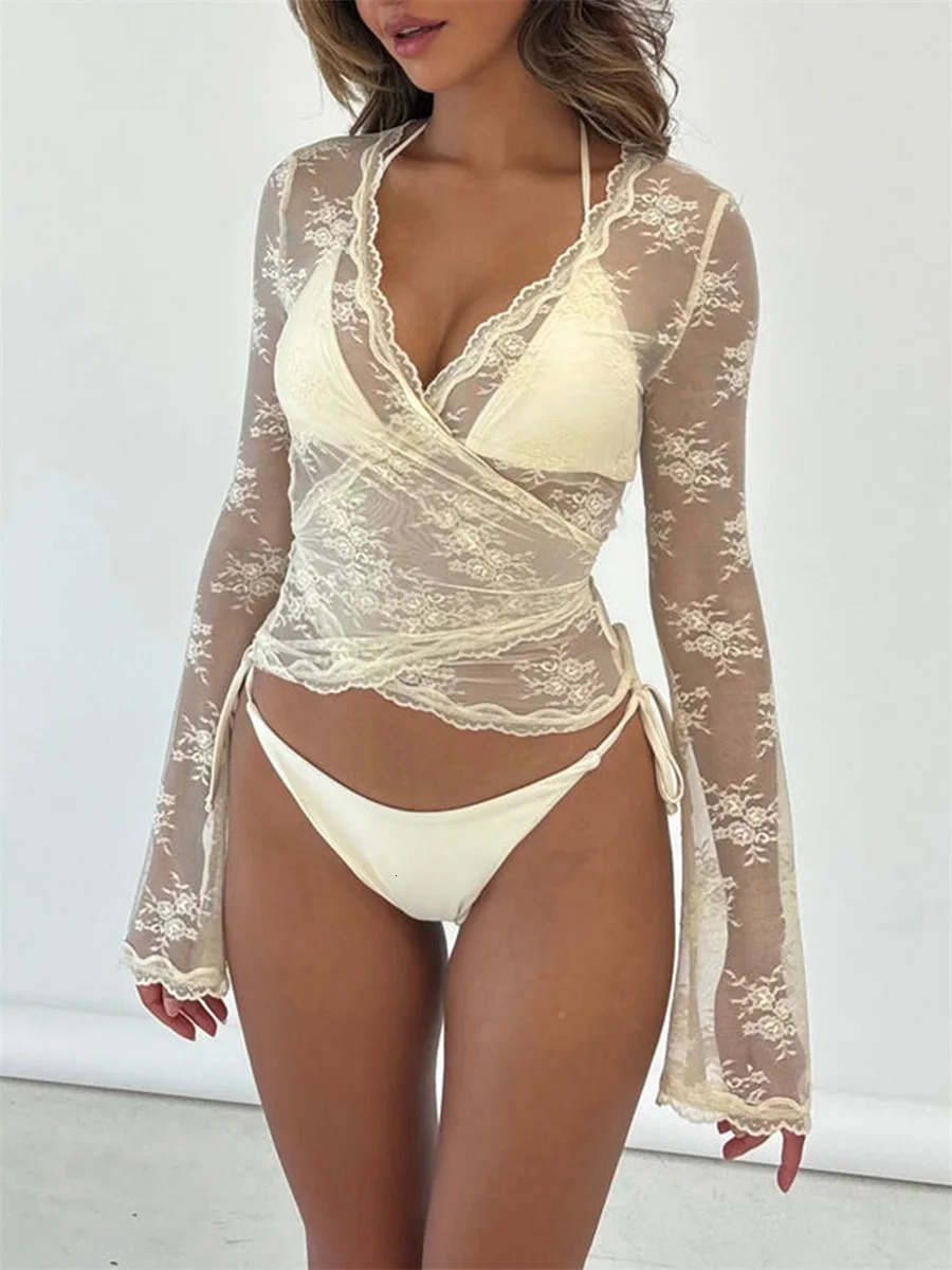 Sexy Women Y2k Lace Top Sexy V Neck See Through Mesh Crop Top Floral Lace Low Cut Long Sleeve Tee Shirt Blouse 250303