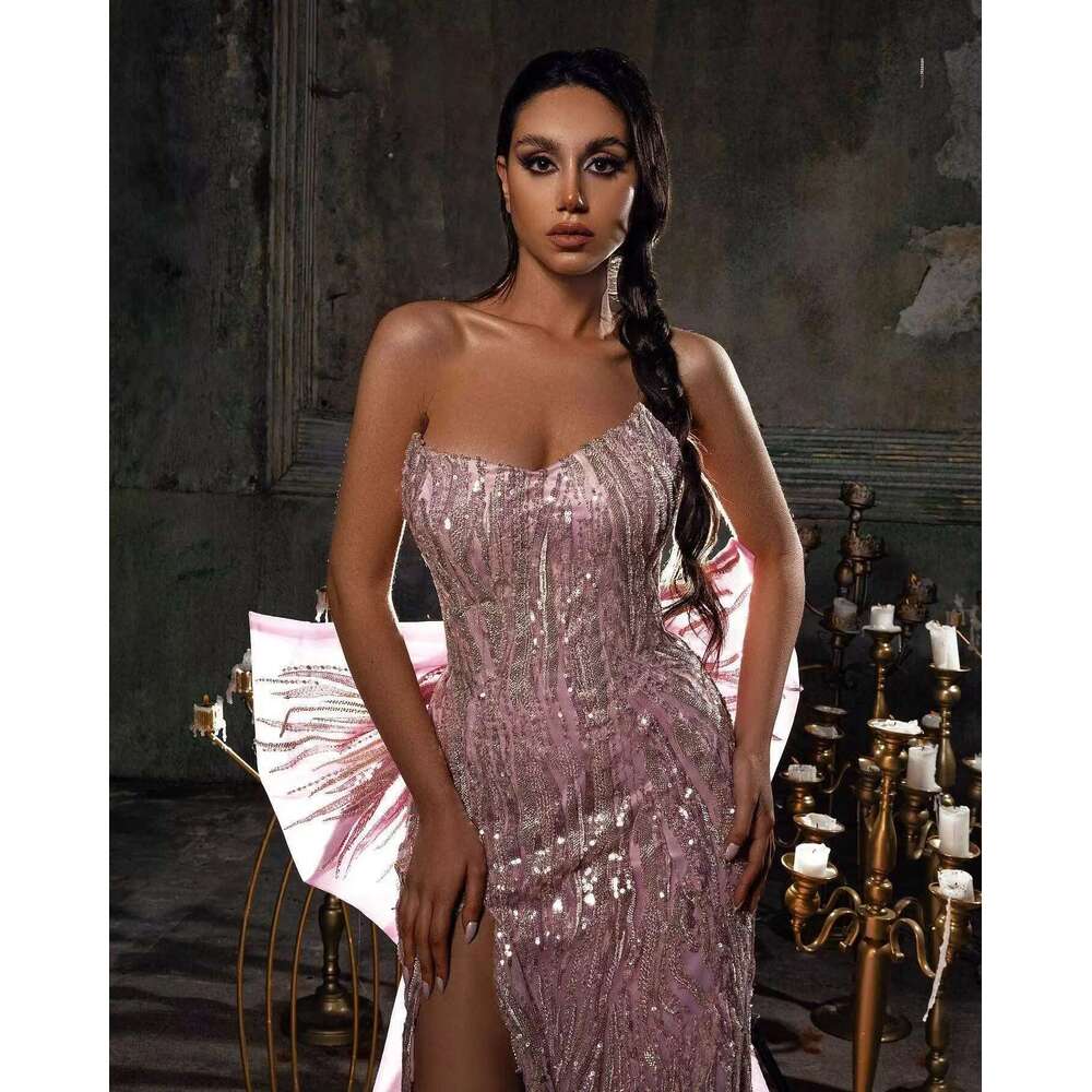 Custom Strapless Evening Mermaid Dresses Big Bow Sweep Train Backless Zipper Prom Dress