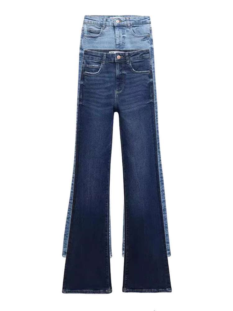 TRAF Women's Slim High Waist Flared Jeans New Pocket Zip Button Closure Stretch Wide Leg Washed Effect Fashion Trousers