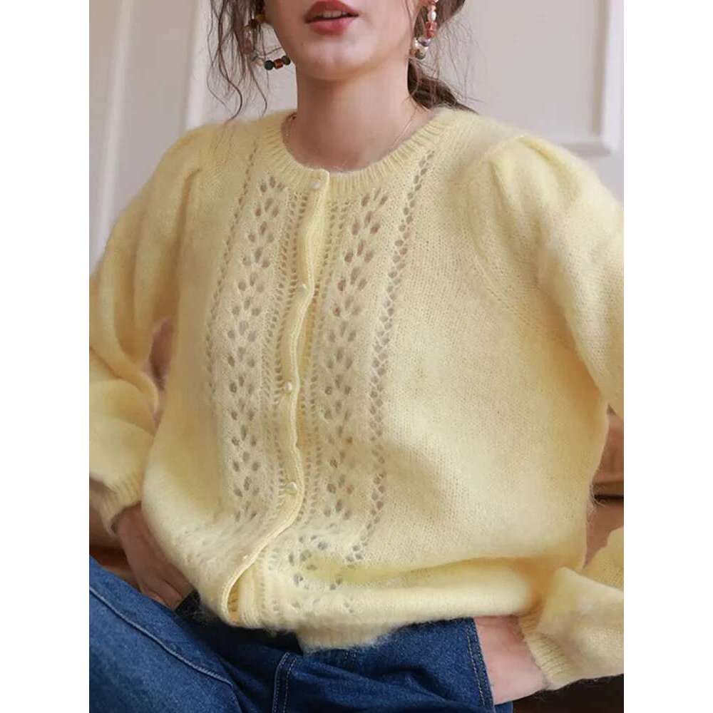 Women Hollowed Out Crochet Sweater O-Neck 2025 Spring Long Sleeve Solid Color Top Ladies Elegant Single Breasted Knit Cardigan