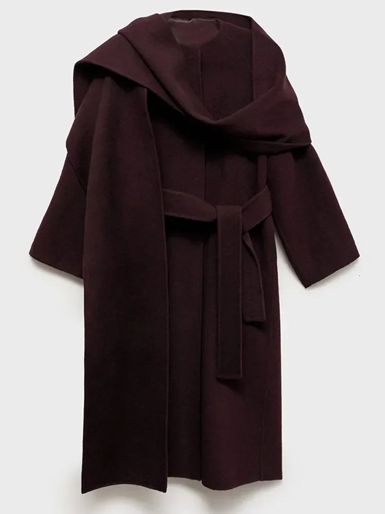 Fashion Burgundy Long Sleeve Scarf Collar Women Overcoat Elegant Solid Lace Up Loose Woolen Jacket 2024 Lady Chic Streetwear 250225