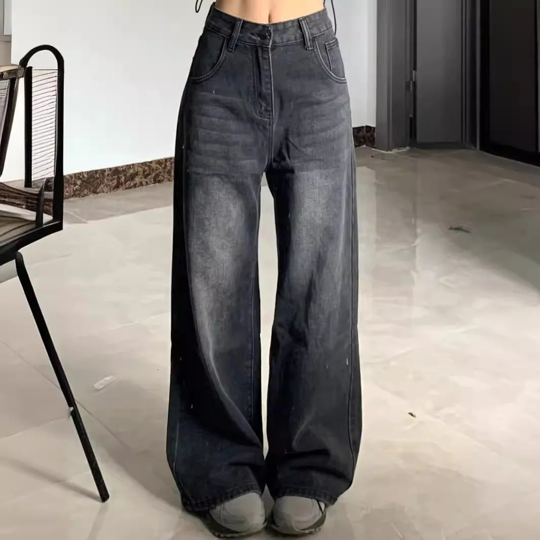 American Retro 2025 Spring and Summer Highwaist Slim Straight Wideleg Floor Pants Black Gray Jeans for Women 250227