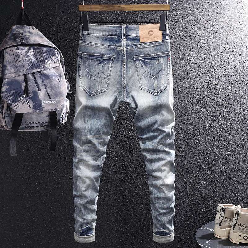 Newly Designer Fashion Retro Gray Blue Elastic Slim Fit Ripped Jeans Men Casual Trousers Vintage Denim Pants Hombre